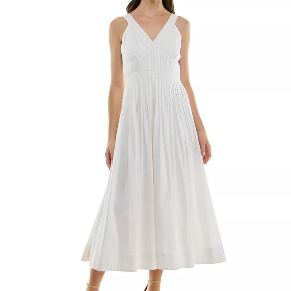 Taylor V Neck Lace Trim Pleated White Fit & Flare Dress A Line Womens 12